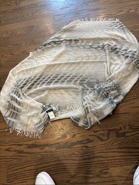 Ronen Chen Cream and Gray Geometric Fringe Throw